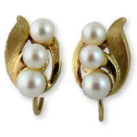 Three-Pearl Mid-Century Screwback Earrings 14K Two-Tone Finish Gold