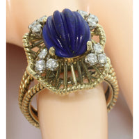 Vintage 14K Gold Carved Lapis Lazuli & Diamond Cocktail Ring