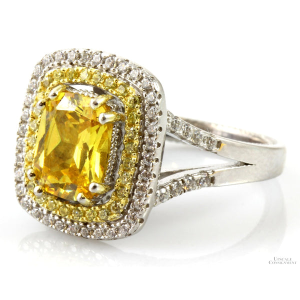 Sterling Silver Yellow & Colorless Double Halo CZ Ring