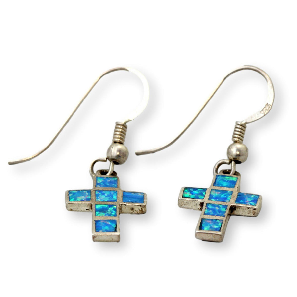 Sterling Silver Blue Created-Opal Inlay Cross Dangle Earrings