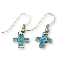 Sterling Silver Blue Created-Opal Inlay Cross Dangle Earrings