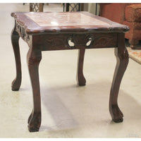 Carved Mahogany End Table w/Pink Stone Top