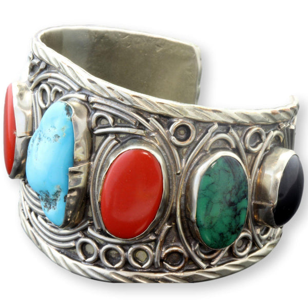 Vintage Mexican Sterling Silver Turquoise, Coral, Serpentine & Onyx Cuff Bracelet – 97.67g