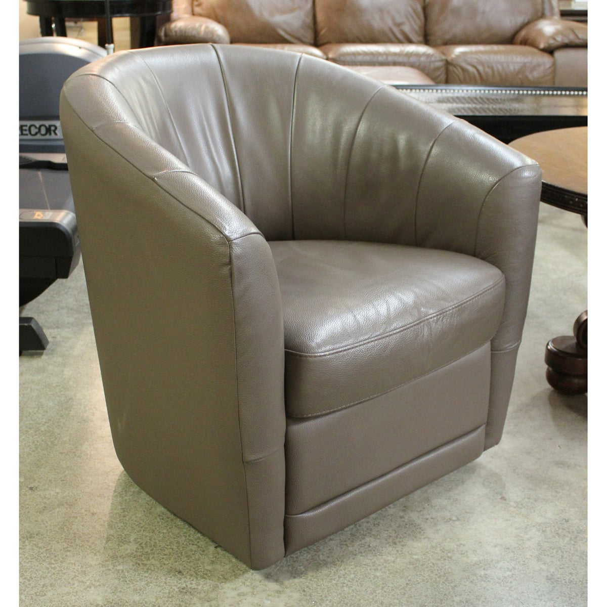 Brown Vinyl Swivel Barrel Accent Chair