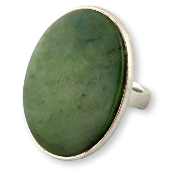 Nephrite Jade Cabochon Ring – Elongated Oval Green Jade in Sterling Silver