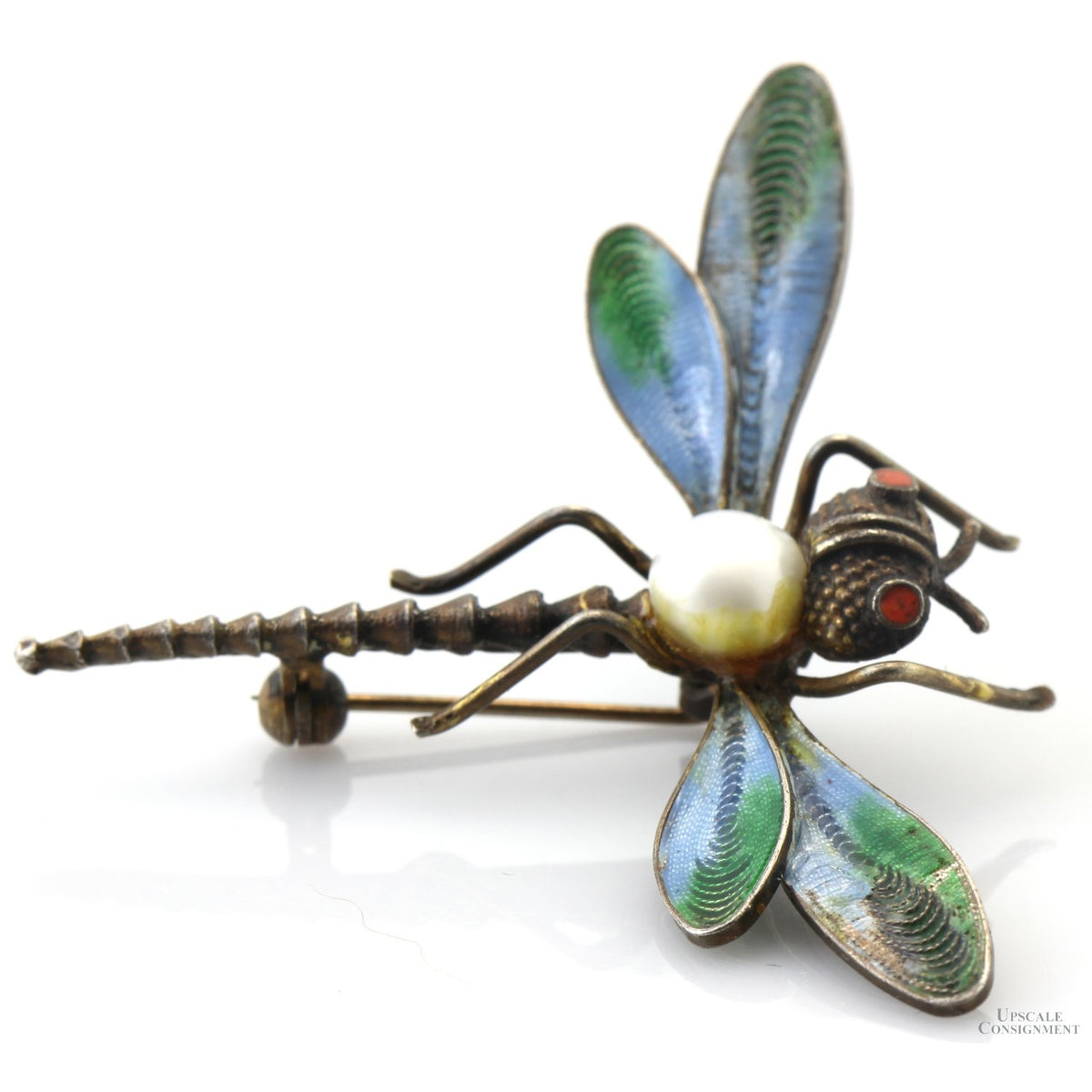 Italian Dragonfly Brooch | Coral, Pearl & Light-Transmitting Plique-à-Jour-Style Enamel