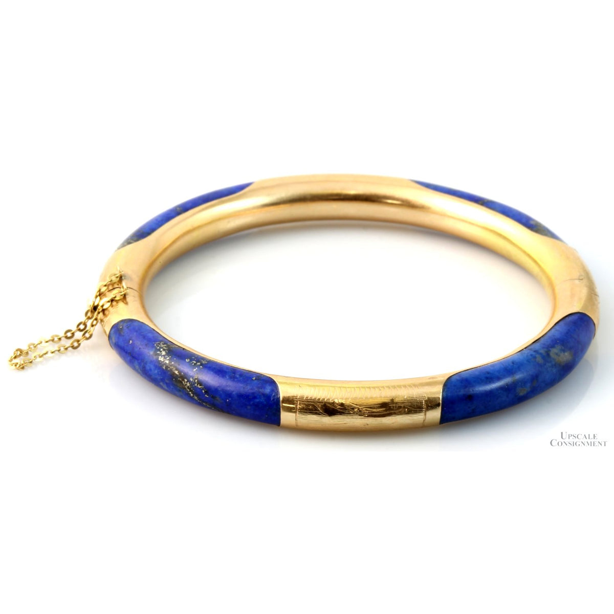 Vintage 14K Gold & Lapis Hinged Bangle | Natural Pyrite Inclusions
