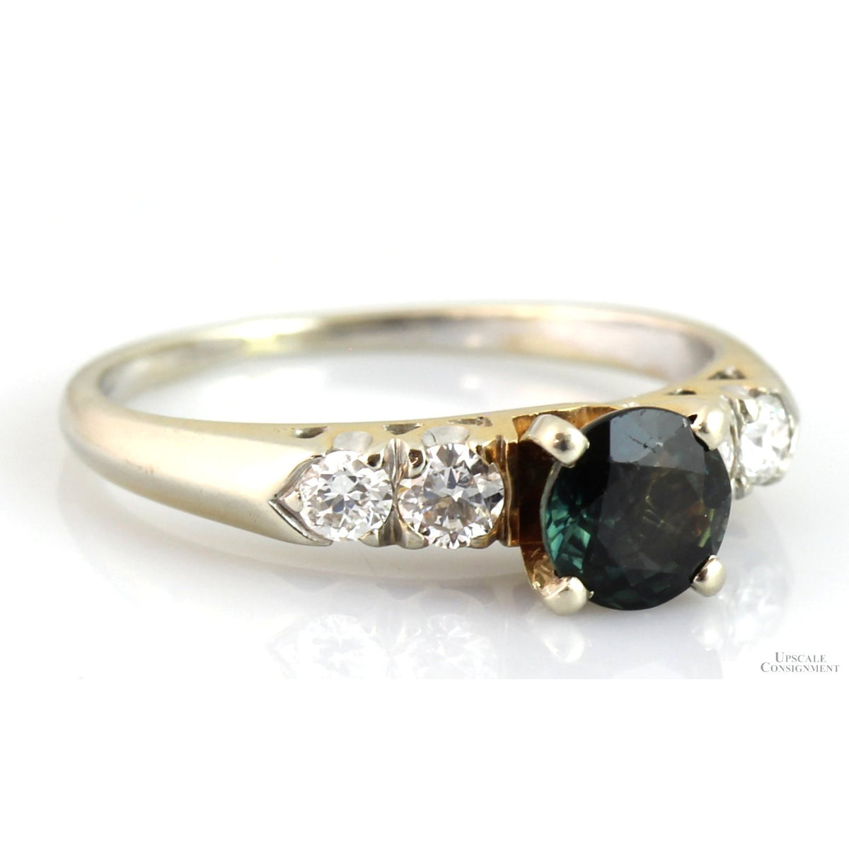 Blue-Green Natural Sapphire & Diamond 14K White Gold Ring