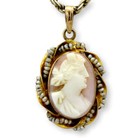 14K Gold Shell Cameo Pendant Hand-Wired Nataural Seed Pearls