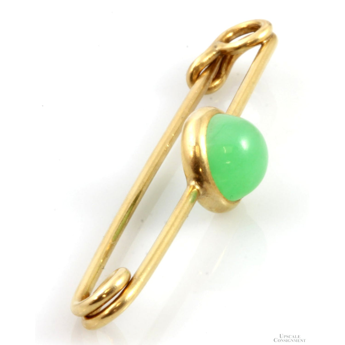 14K Gold Apple Green Jadeite Jade Safety-Pin Design Brooch