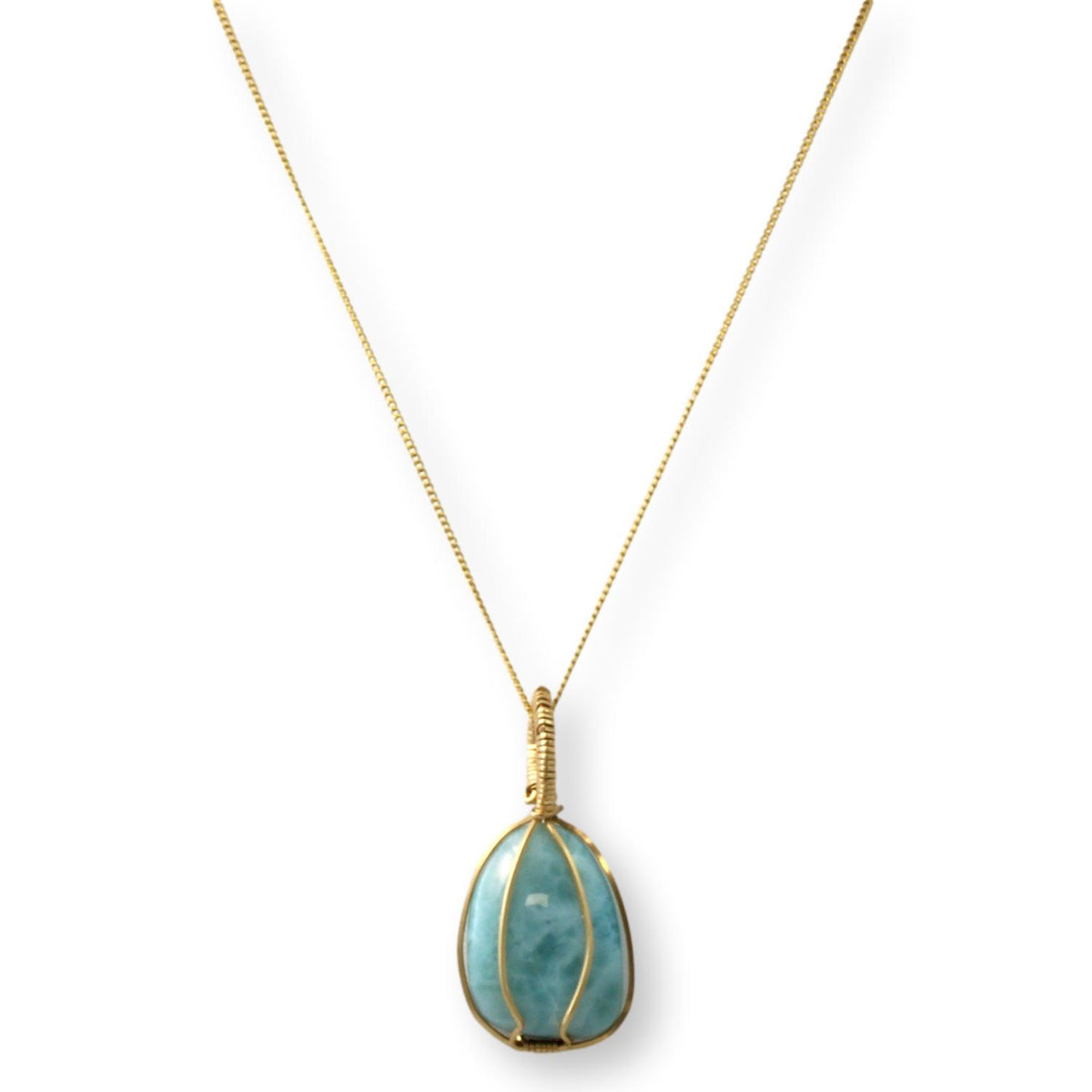 14K Gold Wire Wrapped Larimar Pendant 12K GP 18" Chain