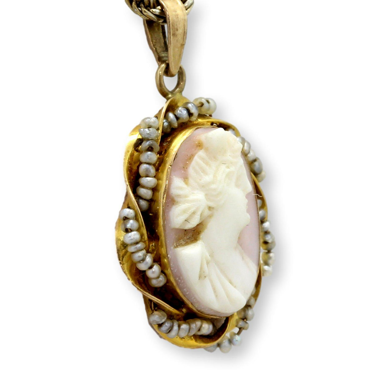 14K Gold Shell Cameo Pendant Hand-Wired Nataural Seed Pearls