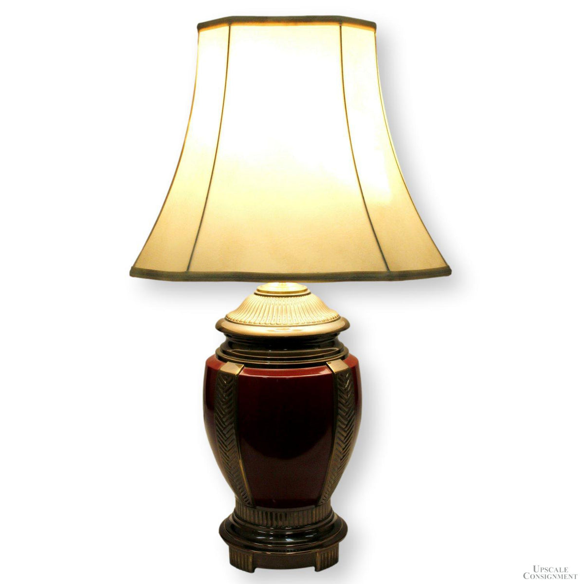 Brass & Burgundy Table Lamp w/Leather Shade