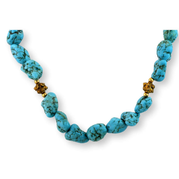Turquoise Nugget Necklace - Brass Tone Accent Beads & Toggle Clasp