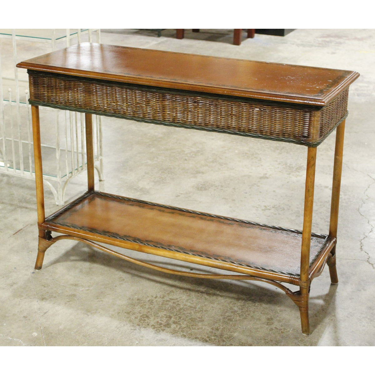 Handpainted Wood & Wicker Console Table