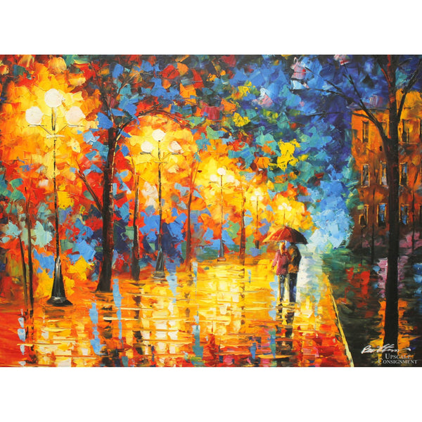 Framed Colorful Oil - Rainy Walk In The City