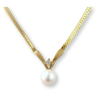 7mm Pearl & Diamond Pendant 14K Gold Herringbone Chain
