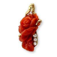 Custom 14K Gold Carved Coral Rose & Pearl Pendant