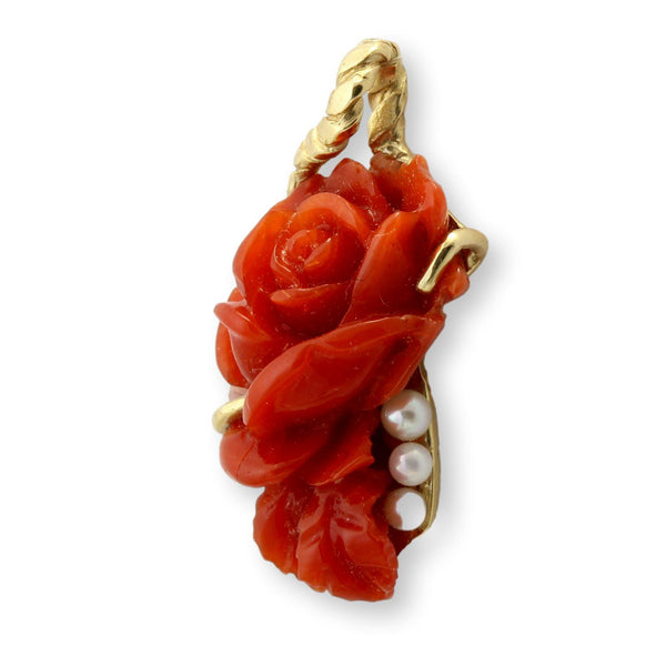 Custom 14K Gold Carved Coral Rose & Pearl Pendant