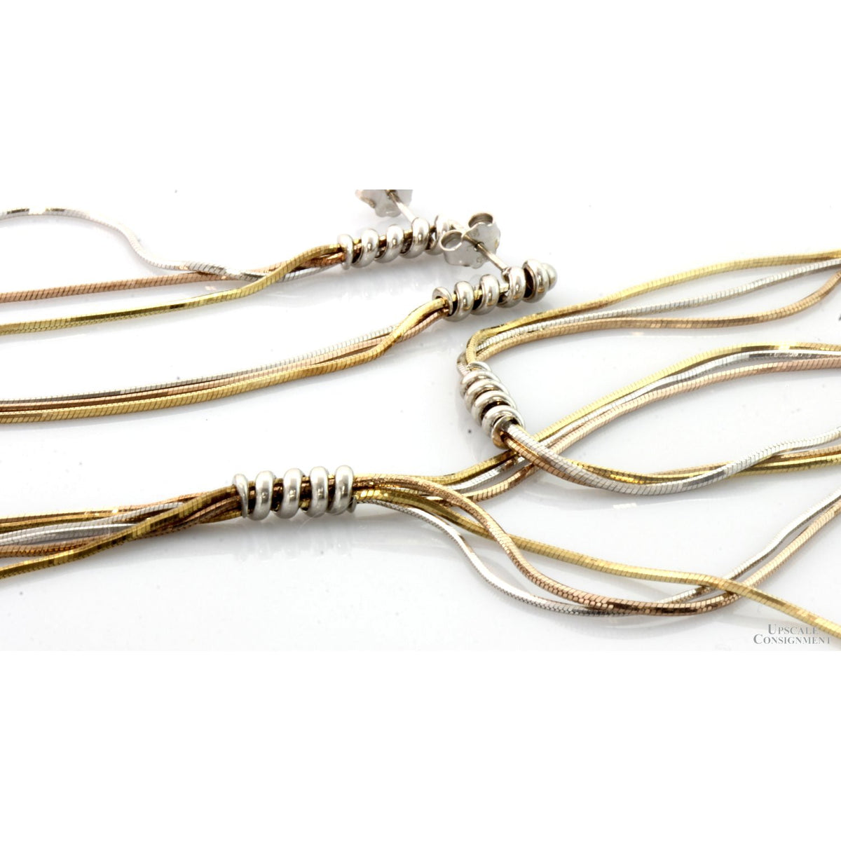 Italian Tri-Color 14K Gold Vermeil & 925 Sterling Silver Necklace, Bracelet & Earrings Set