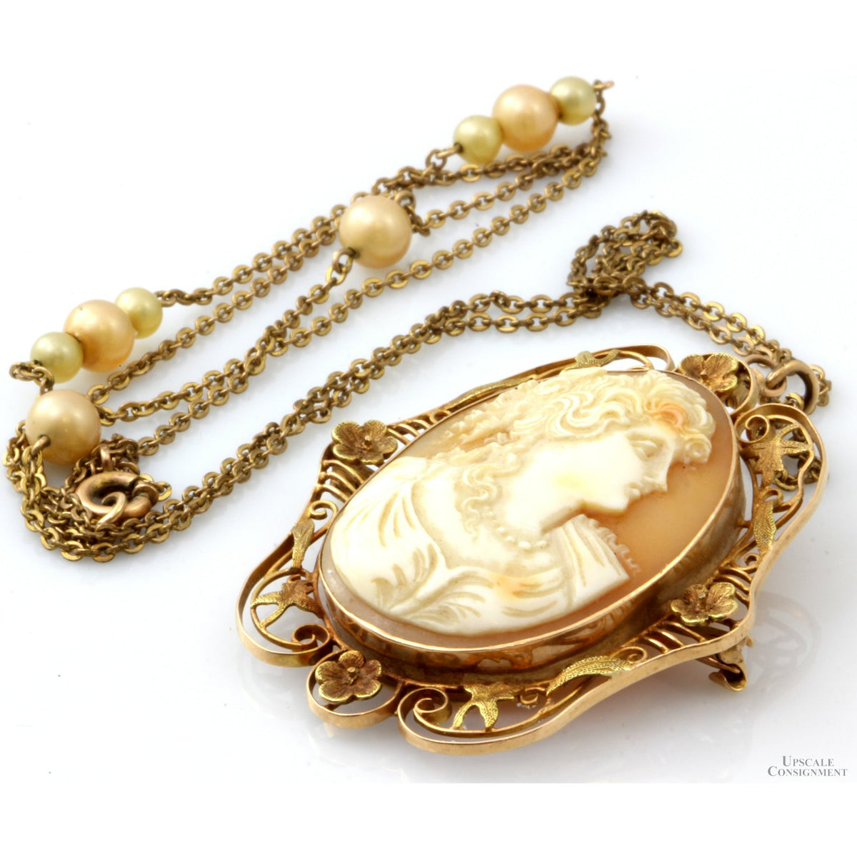 Victorian Carved Shell Cameo Pendant & Faux Pearl Gold Tone Chain