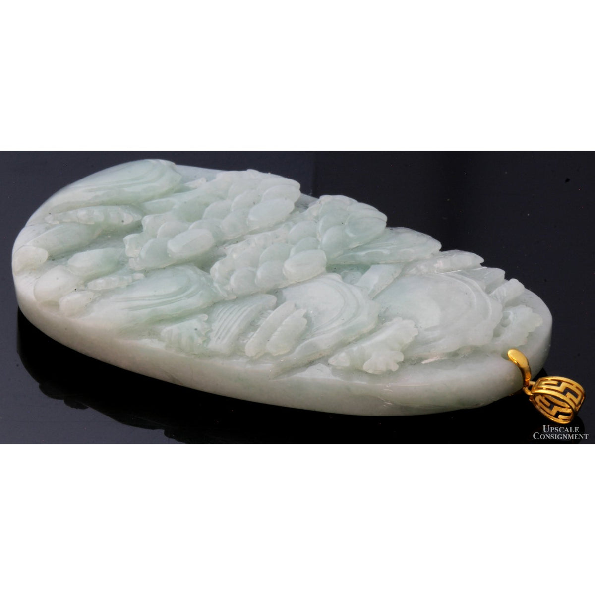 Grade A Burmese Green Jadeite Jade Landscape Pendant 18K Bail