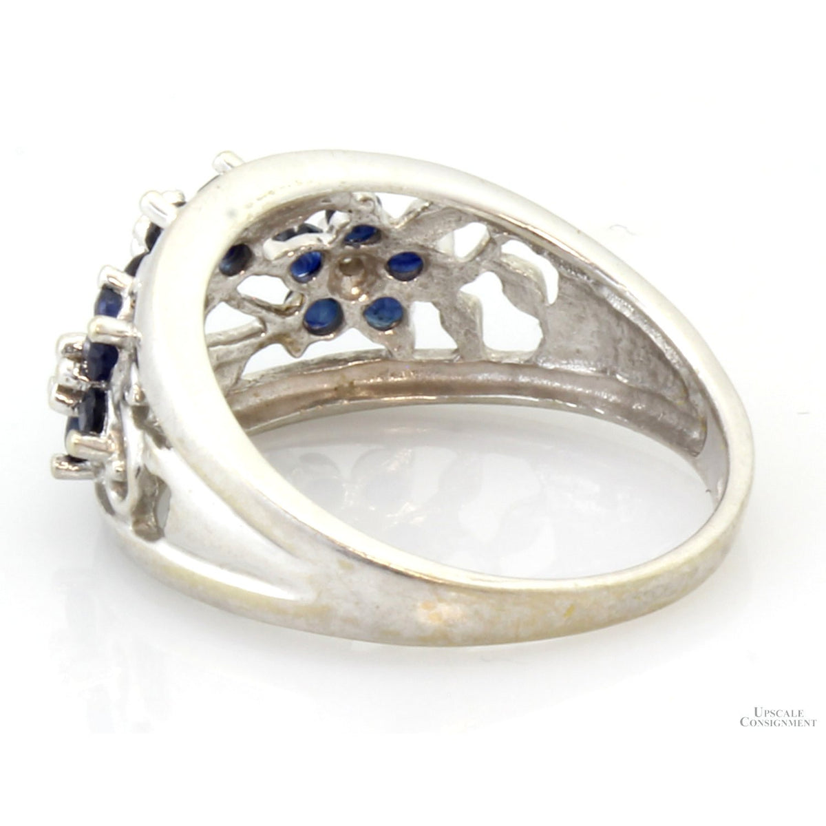 10K Gold Natural Blue Sapphire & Diamond Floral Motif  Ring