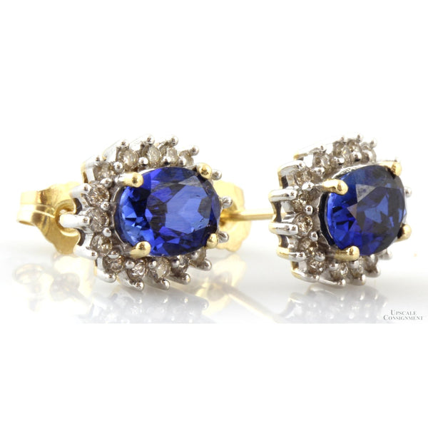 Signed Diamond Halo Blue Sapphire Earrings in 14K Gold