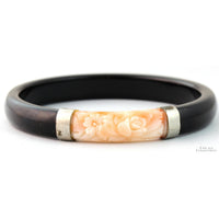 Black Onyx Bangle with Carved Angel Skin Coral Rose Panel