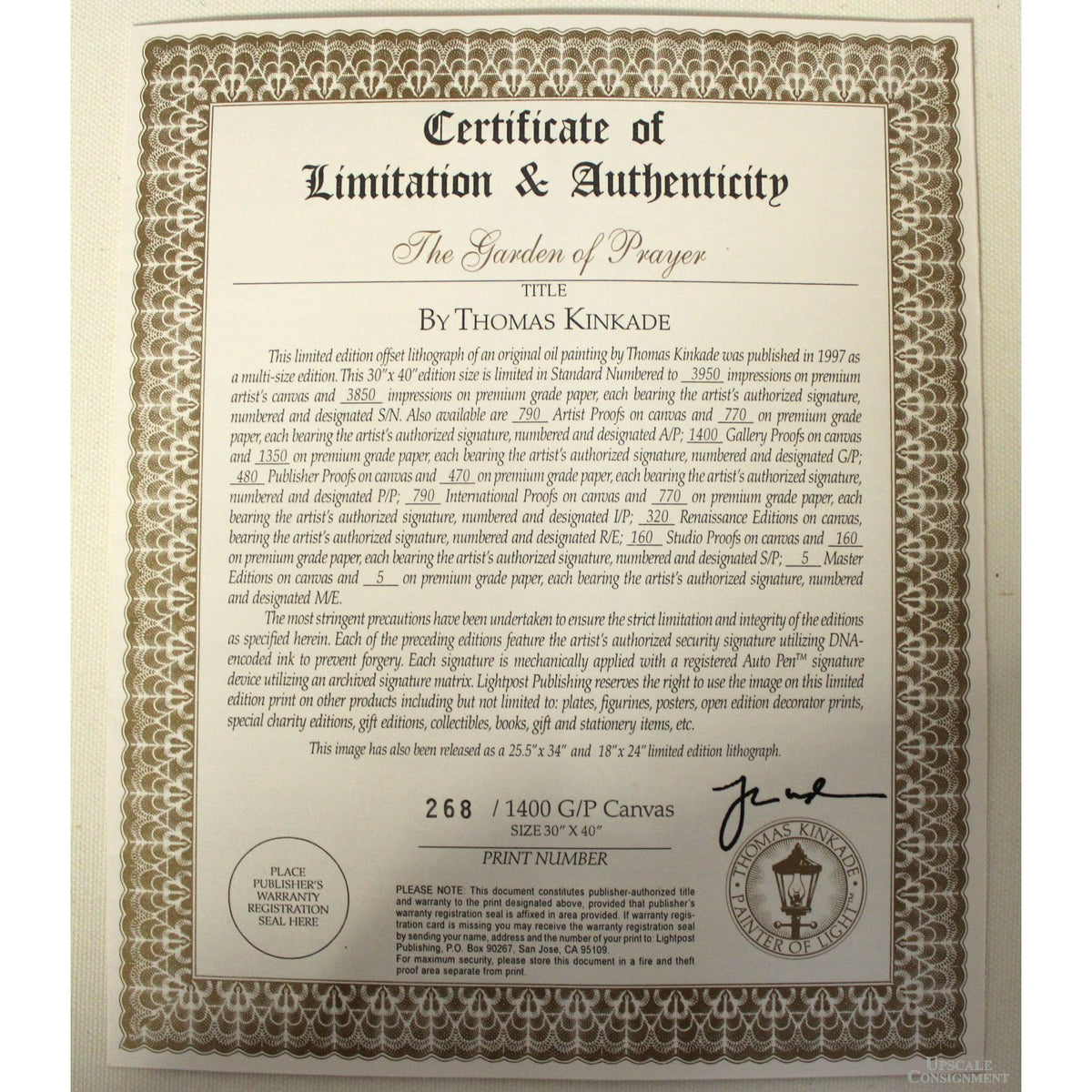 Framed Limited Edition Lithograph "The Garden of Prayer" by Thomas Kinkade