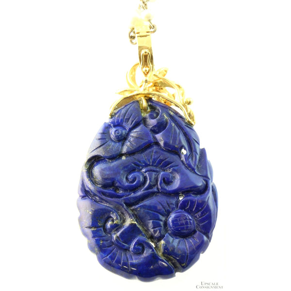 Double-Sided Carved Lapis Pendant - 14K Enhancer Bail