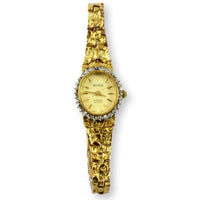 Gold Tone Bark Finish Lady's Quartz Watch Diamond Bezel