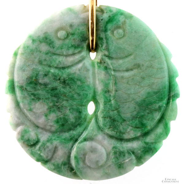 Vintage Jadeite Jade Double-Sided Fish Pendant 14K Gold Large Carved Disc 2.125”