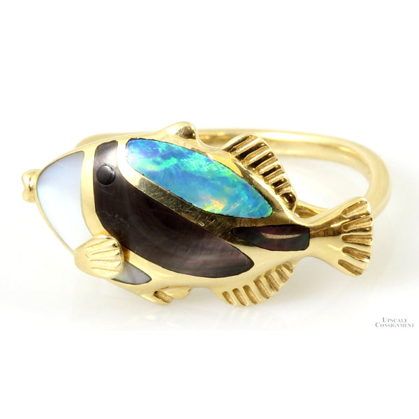 14K Gold Opal, Onyx, Shell Inlay Hawaiian Humuhumu Fish Ring