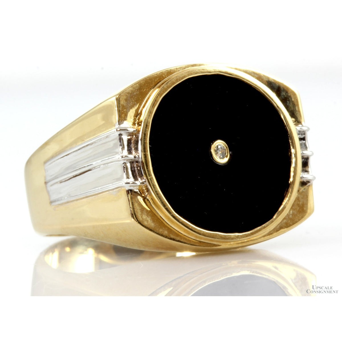 Black Onyx & .01ct. Diamond 14K Yellow & White Gold Ring