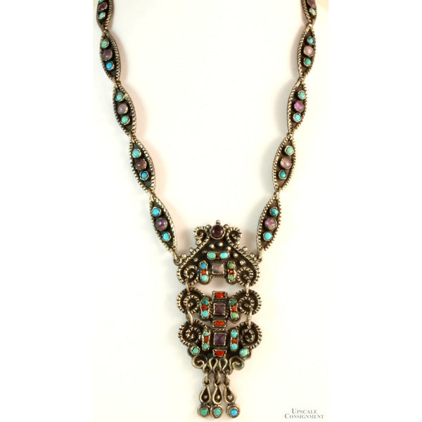 Mexico POULAT MATL Style Sterling Silver Amethyst Turquoise Coral Repousse Necklace