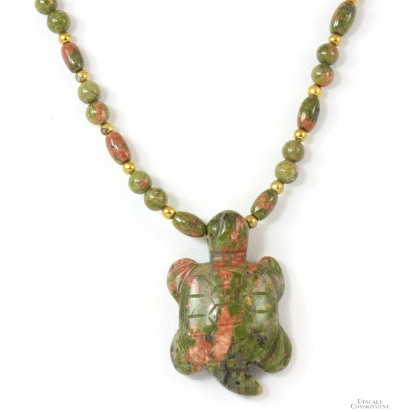 Unakite & Gold Bead & Carved Turtle Pendant Necklace & Earring Set