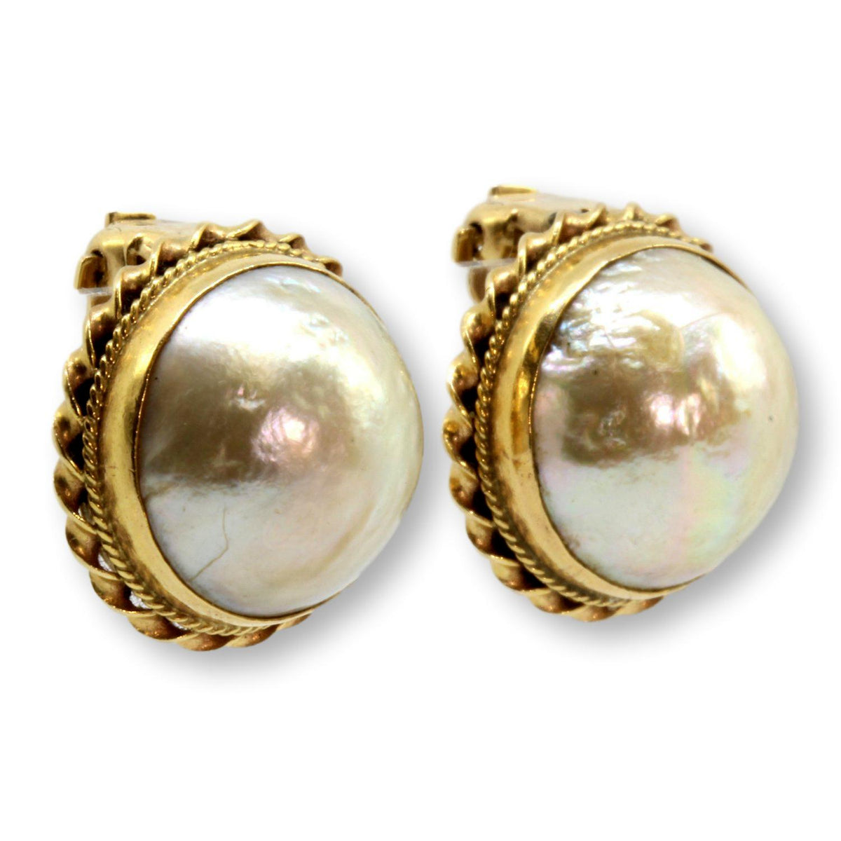 14K Gold Large 16mm South Sea Mabe Pearl Clip Back Earrings