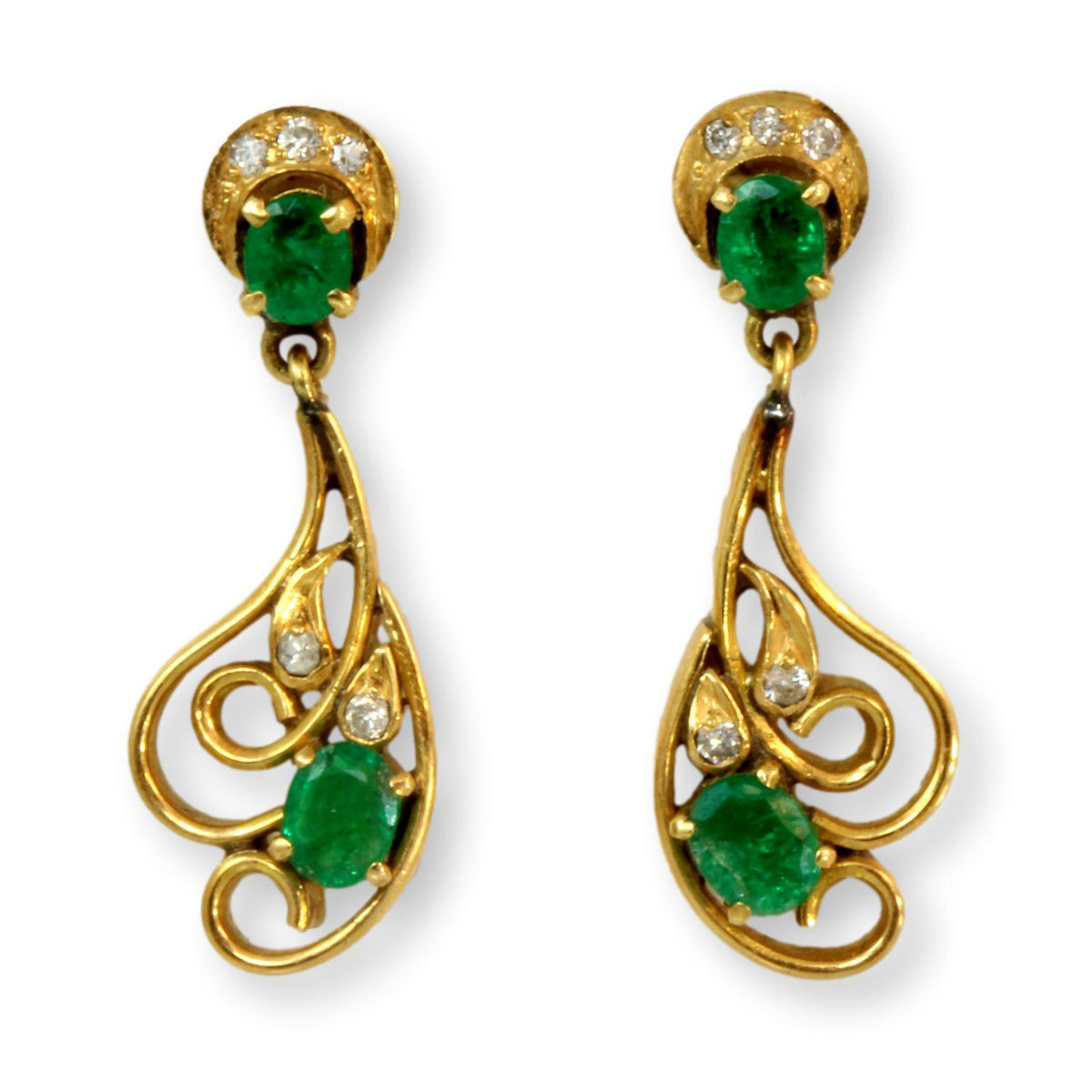 .76ctw Emerald .08ctw Diamond 18K Gold Dangle Earrings
