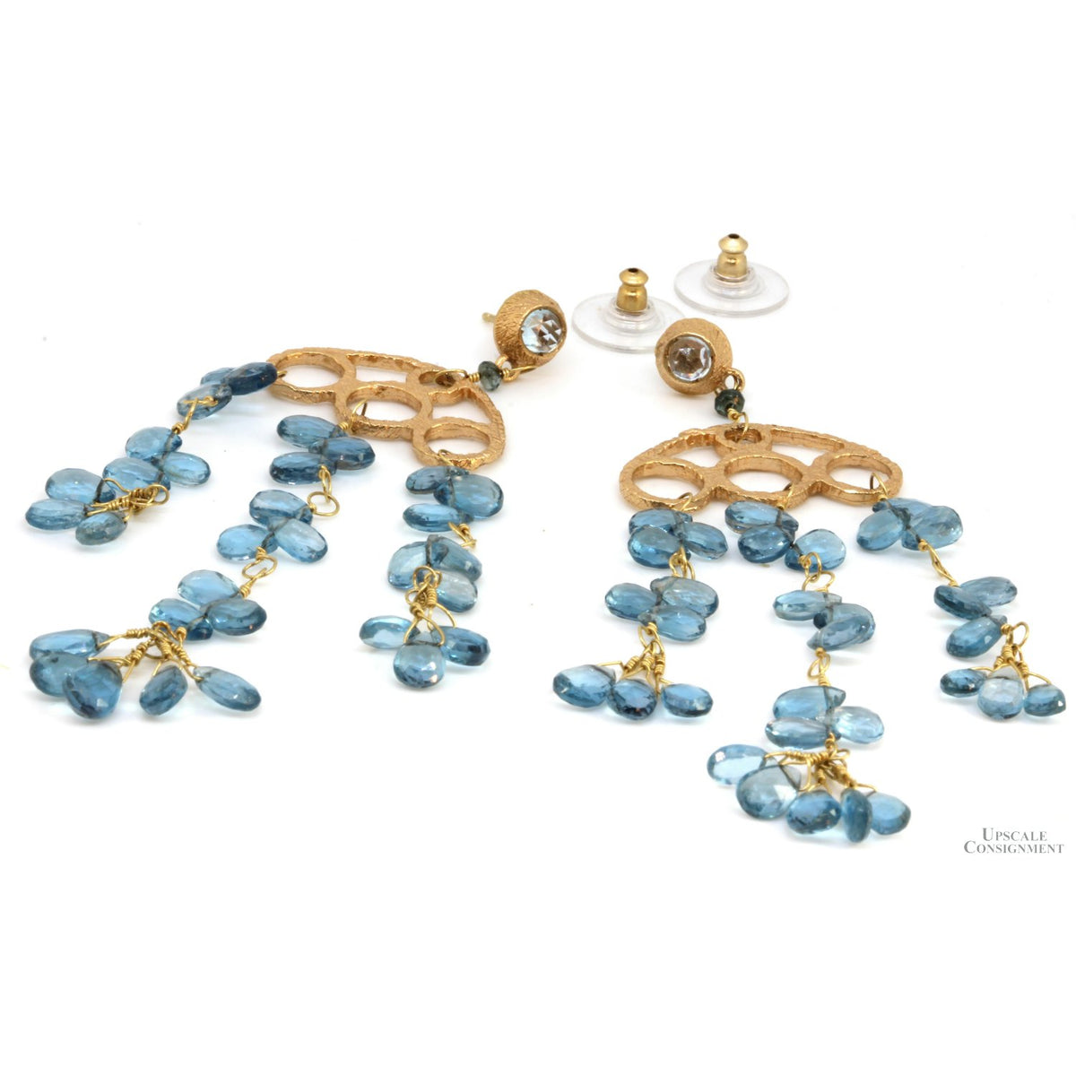 14K Hammered Yellow Gold Etruscan 46ctw Blue Topaz Chandelier Earrings