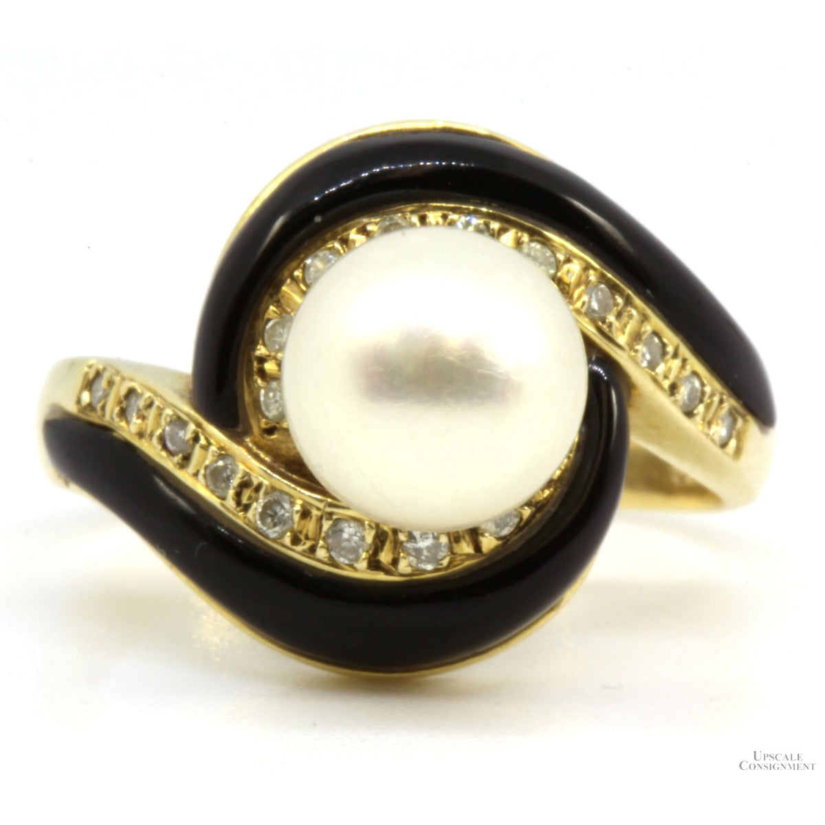 14K Yellow Gold 8mm Pearl, .15ctwDiamond Black Onyx Ring