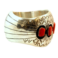 Vintage Navajo 5-Stone Red Coral Sterling Silver Shadow box Cuff by P. Benally