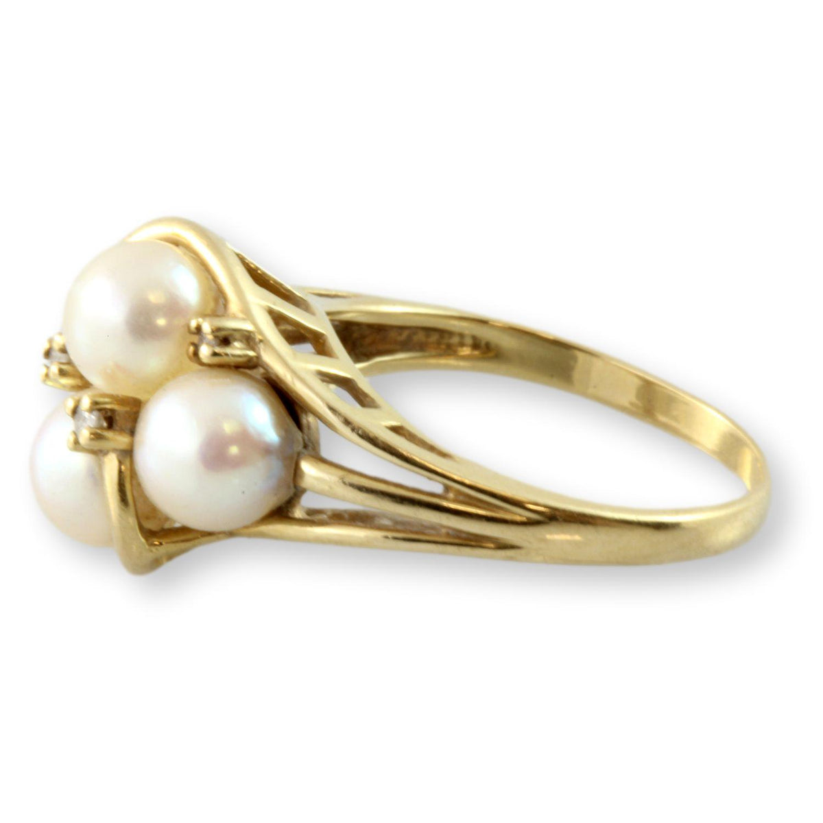 14K Yellow Gold Four Pearl .05ctw Diamond Cluster Ring
