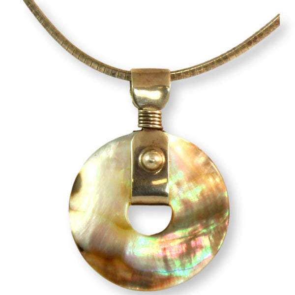 Black & Gold Lip Mother of Pearl Abalone Shell Sterling Silver Pendant Necklace