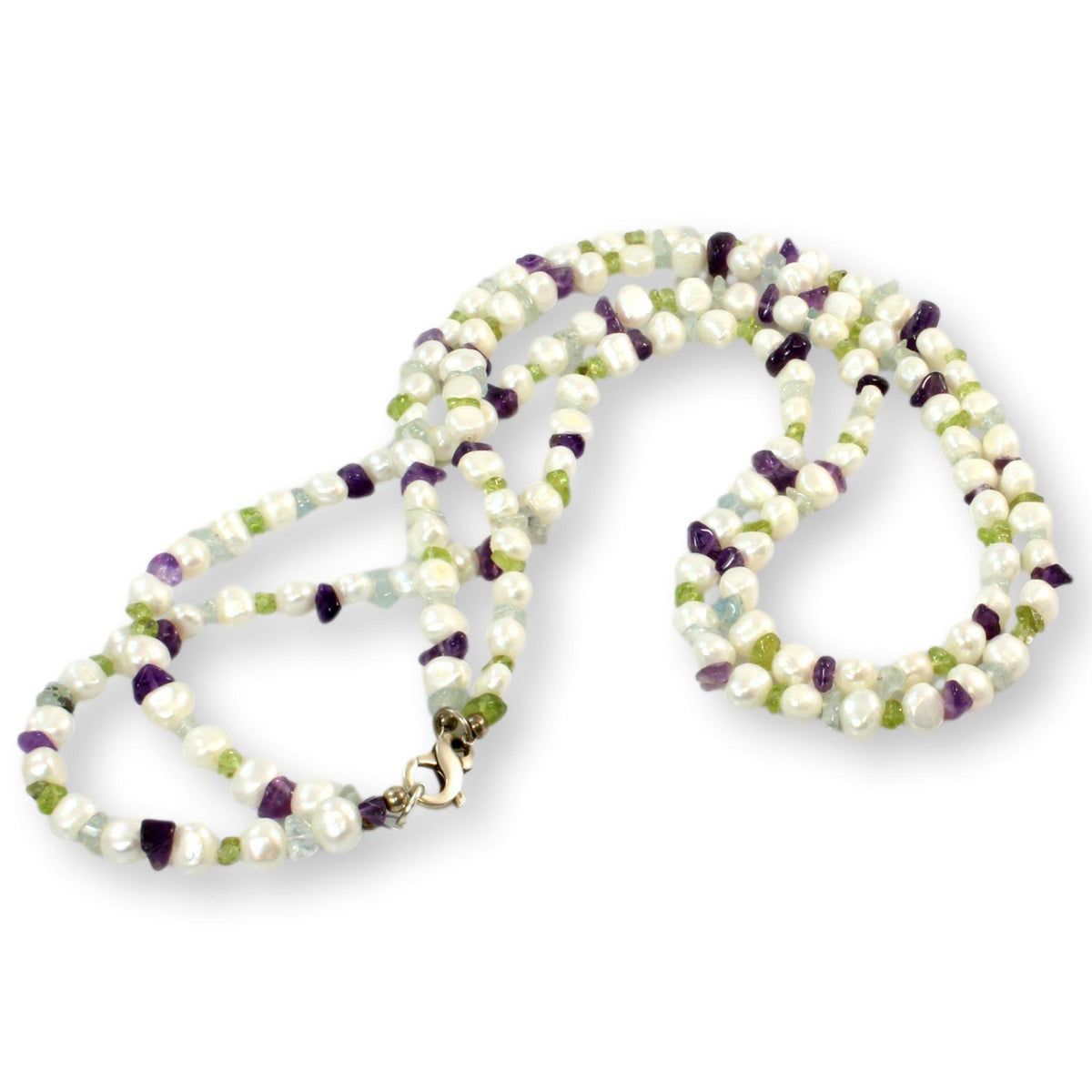 Cultured Pearl, Amethyst, Peridot, Aquamarine Double Strand Necklace