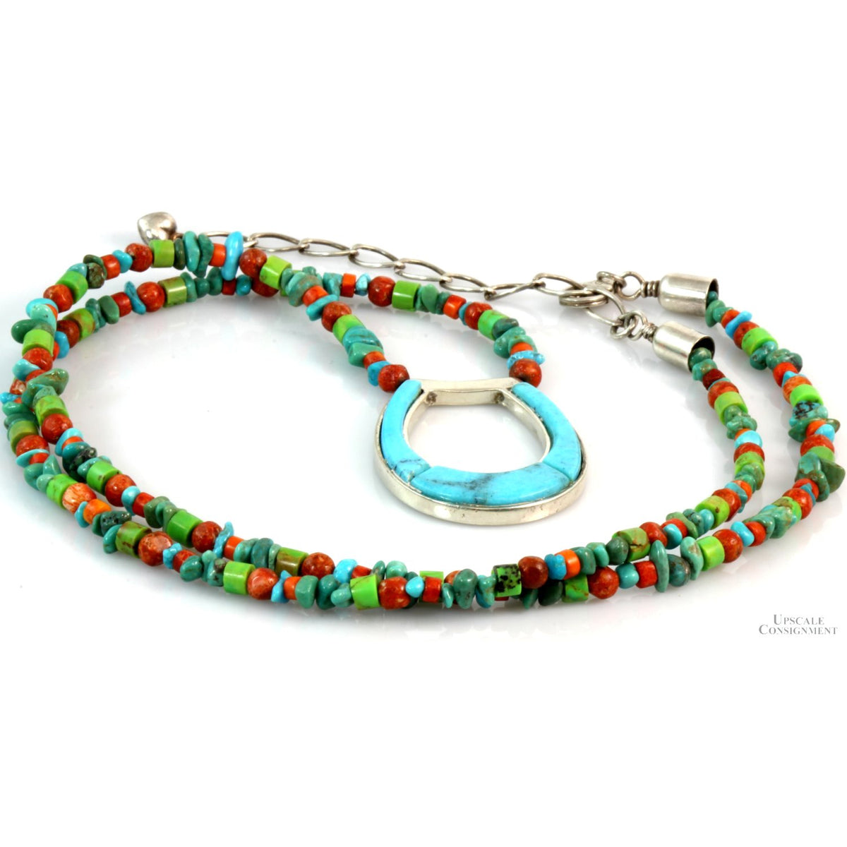 Multistone Beaded Necklace Faux Turquoise Inlay Pendant