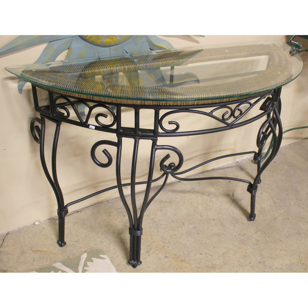 Glass Top Wrought Iron & Wicker Demilune Table