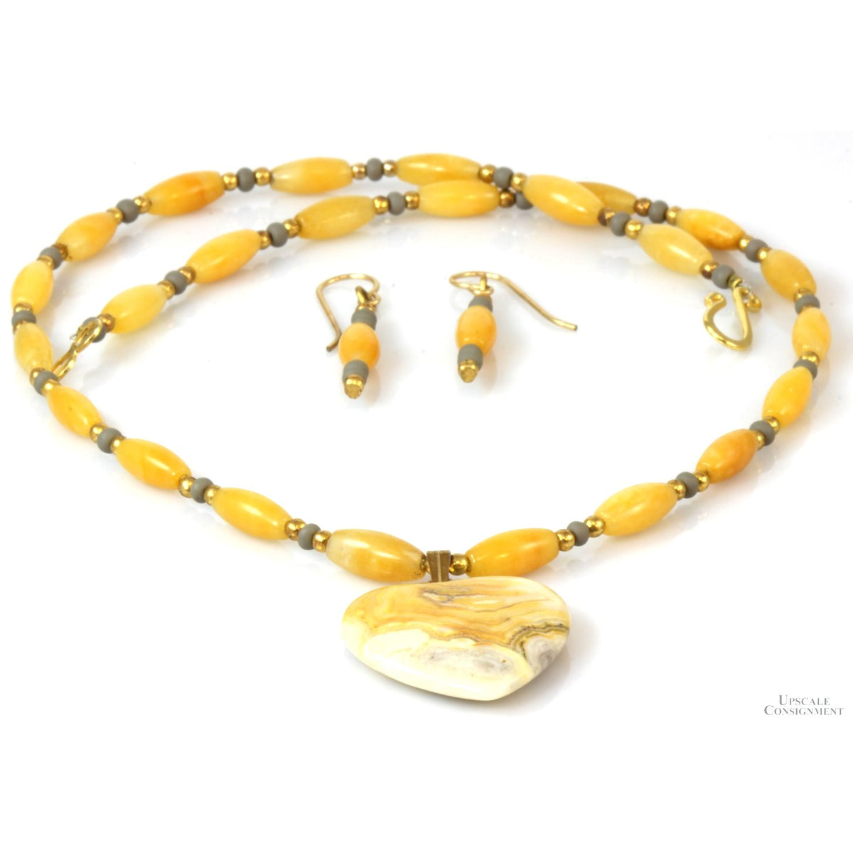 Yellow & Green Jade Bead  & Jasper Heart Pendant Necklace & Earring Set