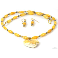 Yellow & Green Jade Bead  & Jasper Heart Pendant Necklace & Earring Set