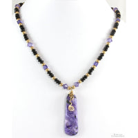 14K Gold Charoite Pendant w/Amethyst, Crystal Bead Necklace